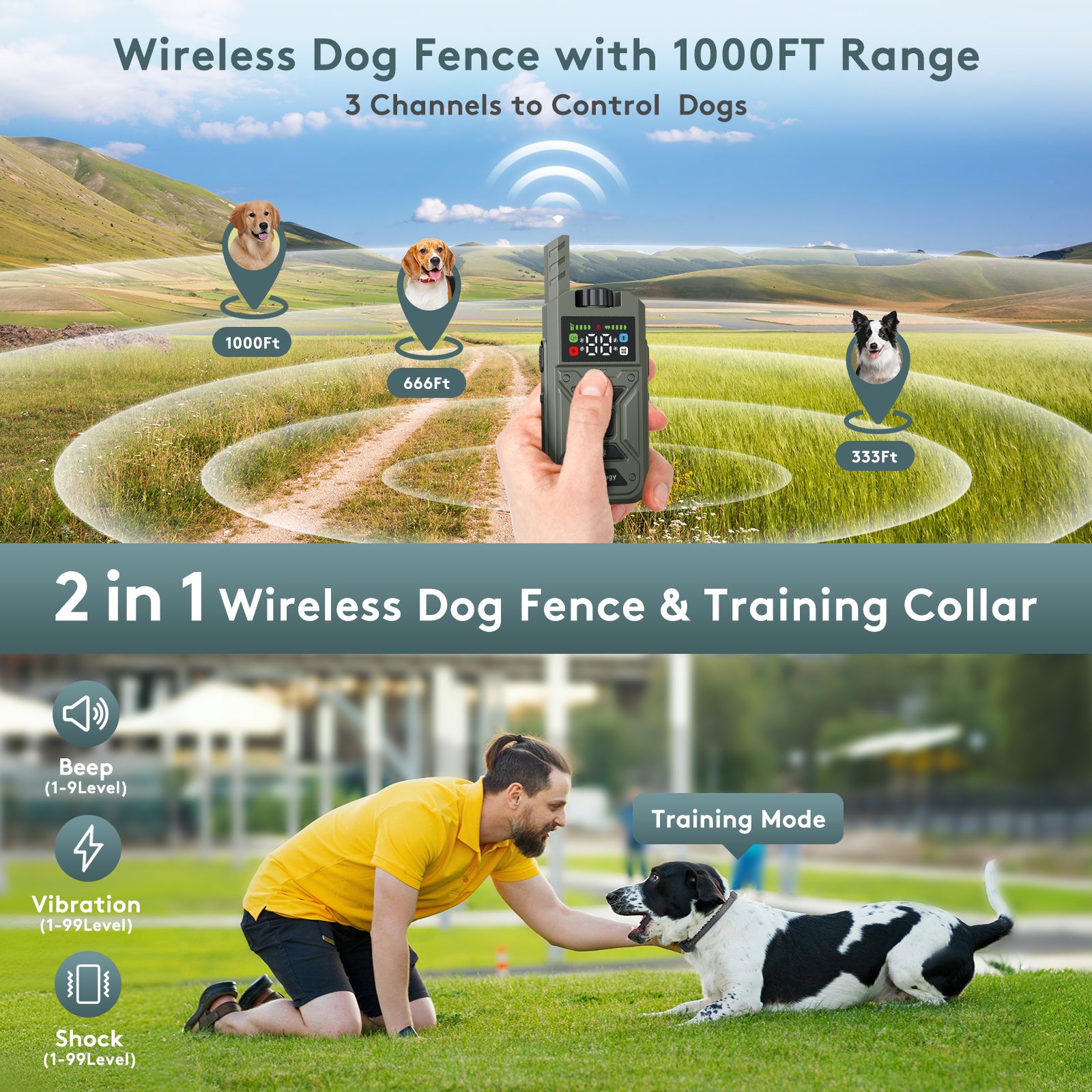 Petnology 2-in-1 Wireless Dog Fence and Training Collar Green